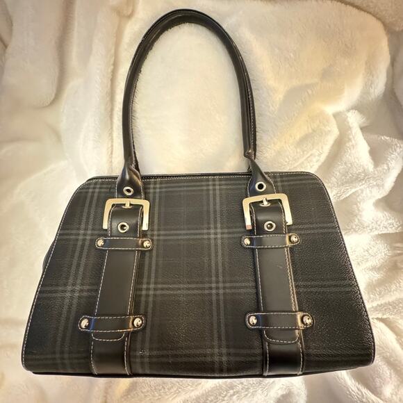 Tartan Plaid Bowler Bag Faux Leather Buckle Shoulder Bag - Picture 5 of 13